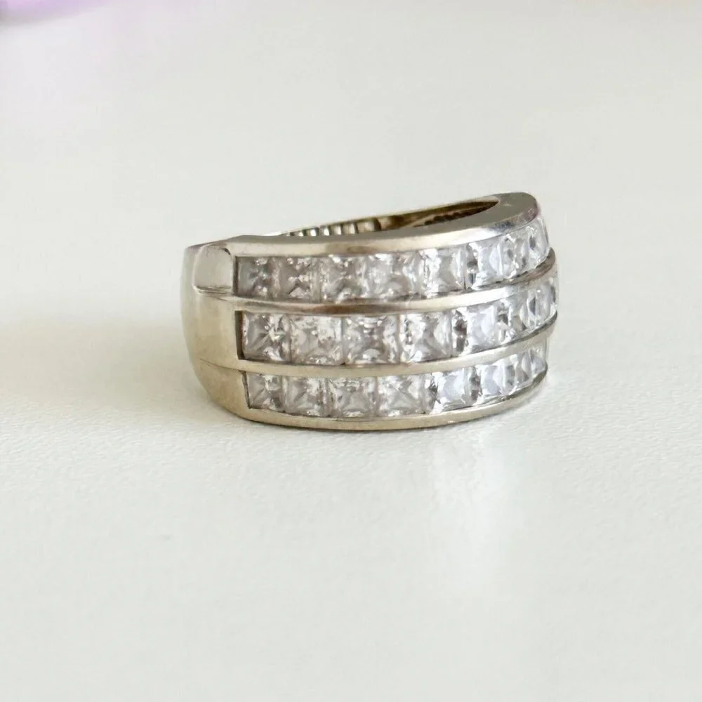 14K White Gold Three Row Clear CZ Wide Chunky Statement Band Ring Size 6.75